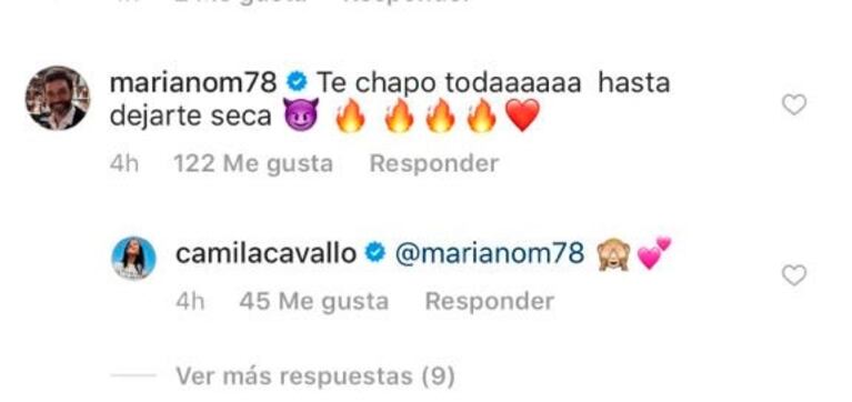 Zarpado comentario hot de Mariano Martínez a una foto de Camila Cavallo: "Te chapo toda hasta dejarte seca"