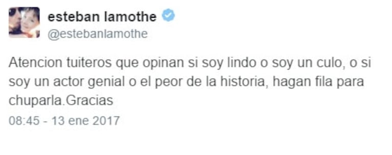 Zarpado tweet de Esteban Lamothe en respuesta a las críticas estéticas y profesionales: "Atención tuiteros que opinan que soy lindo o soy un cul..."