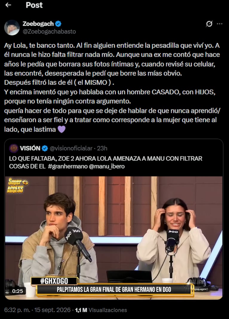 Zoe Bogach apoyó a Lola Tomaszeuski tras su separación de Manuel Ibero y lanzó fuertes acusaciones: “Te banco tanto”. Crédito: X