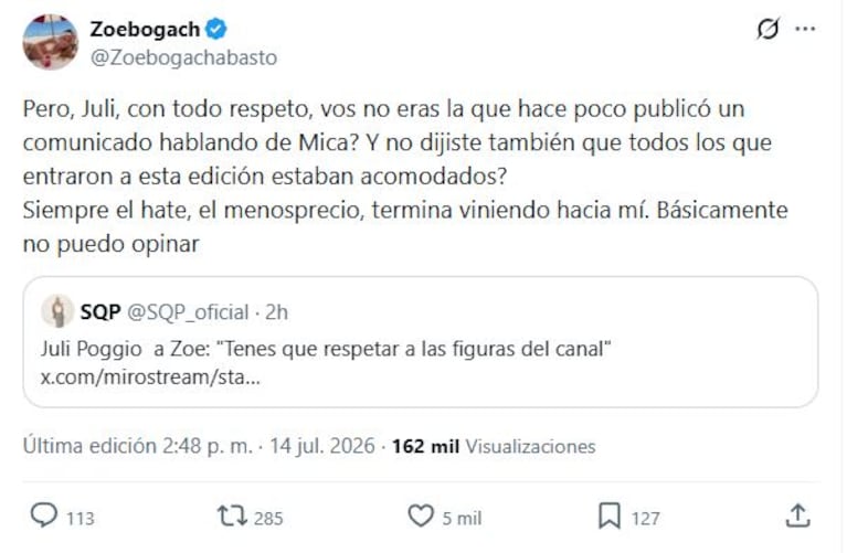 Zoe Bogach le respondió a Julieta Poggio (Foto: captura de X/@zoebogachabasto)
