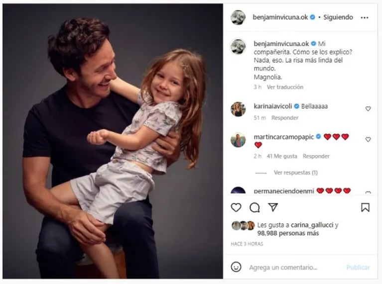 Benjamín Vicuña compartió una foto con su hija Magnolia y sus seguidores resaltaron el gran parecido con Blanca
