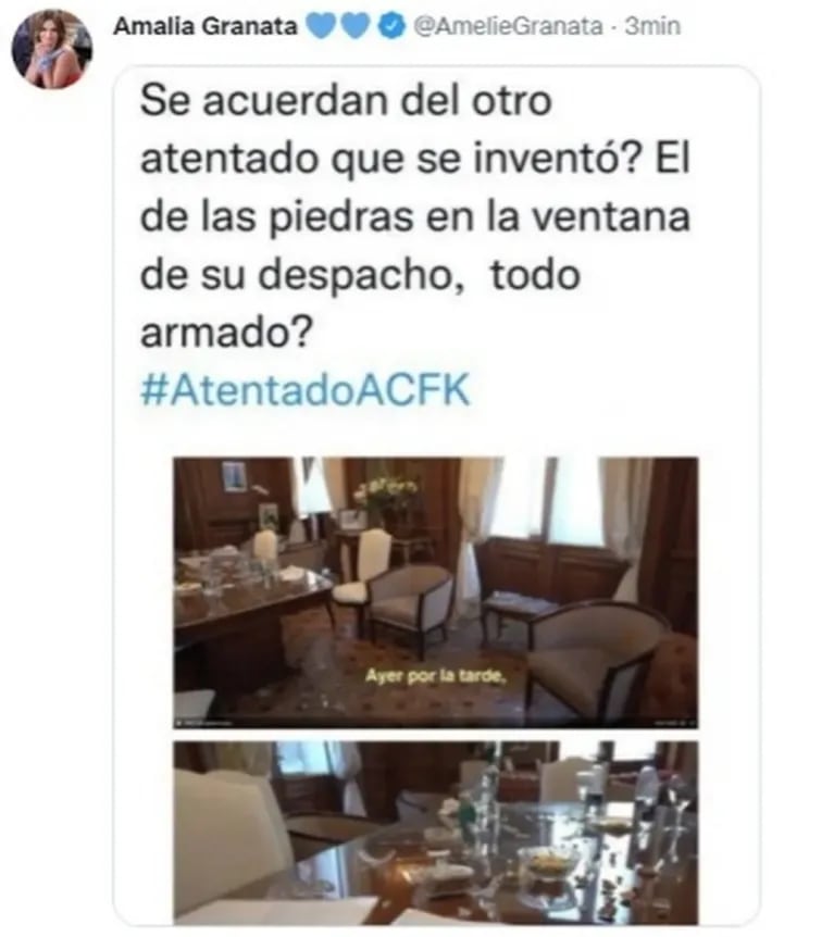 Polémico tweet de Amalia Granata sobre el ataque a Cristina Kirchner: "Qué pantomima"