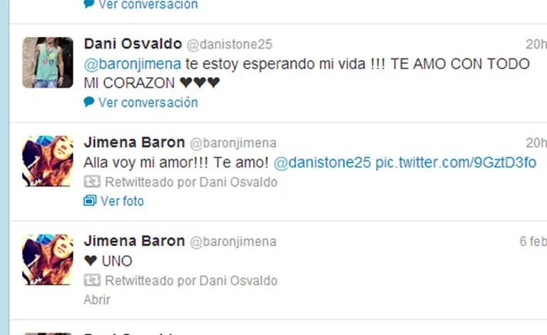 El romántico intercambio de tweets de Jimena Barón y Daniel Osvaldo (Foto: Captura). 