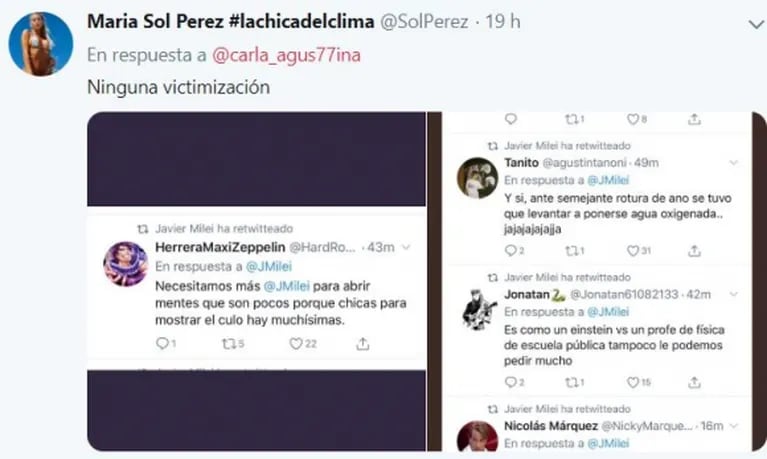 Sol Pérez mostró los tremendos mensajes machistas que compartió Javier Milei contra ella, tras el cruce en TV