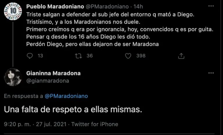Fuerte frase de Gianinna Maradona sobre sus tías al leer un tweet en su contra: "Falta de respeto a ellas mismas"