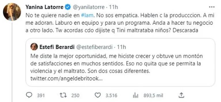 Yanina Latorre disparó sin filtro contra Estefi Berardi tras su tenso cruce al aire: "En lugar de debatir en el programa, escupe mentiras"