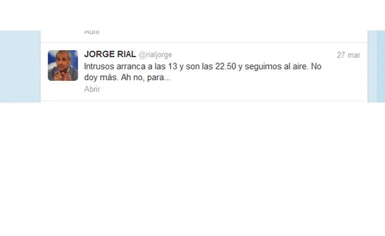 El tweet de Jorge Rial contra Intratables. 