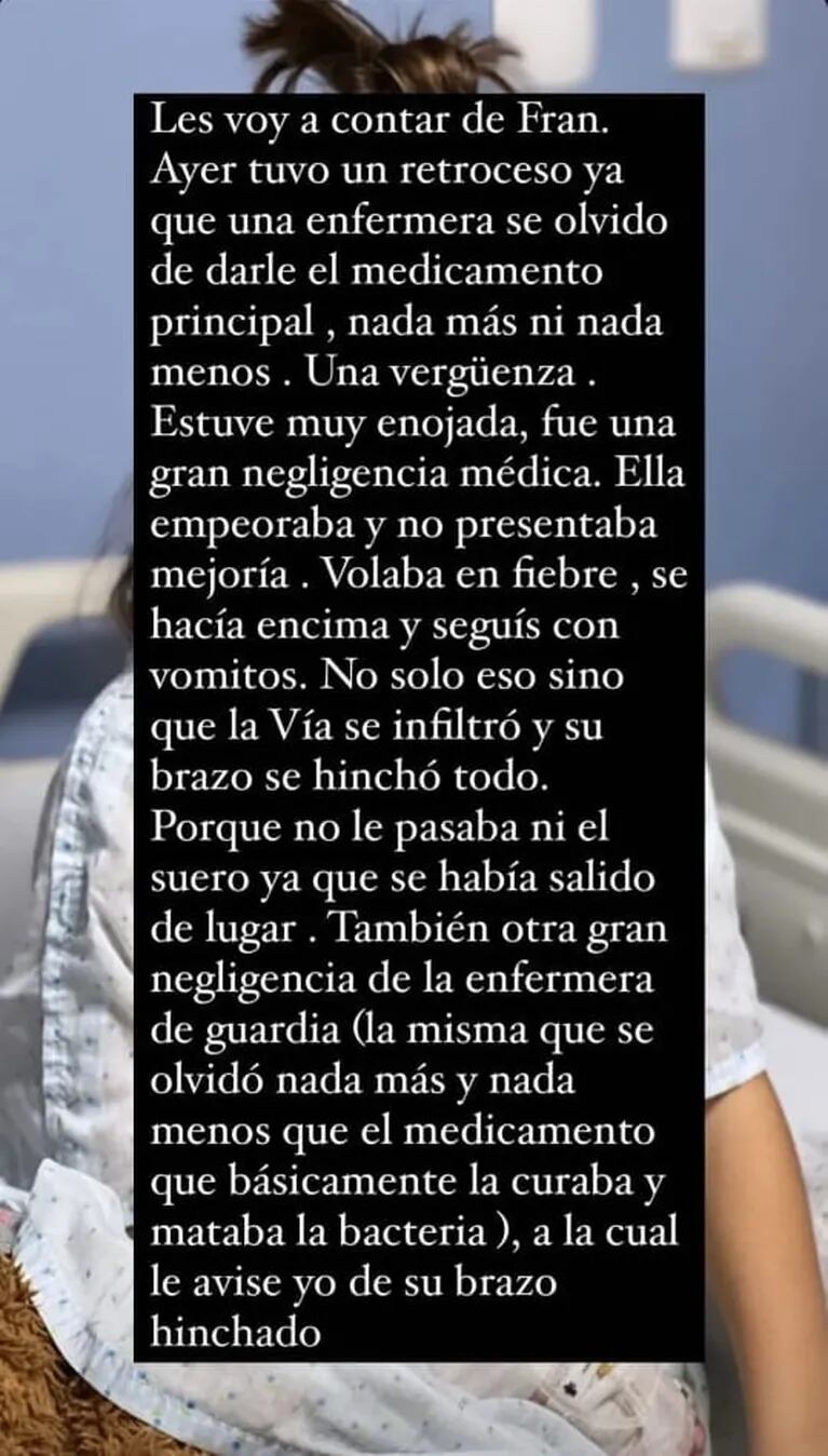 La furia de Cinthia Fernández con la enfermera que atendió a Francesca: "Fue una gran negligencia"