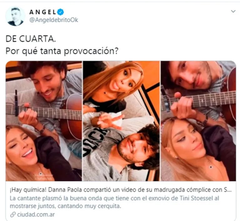 Fuerte tweet de Ángel de Brito al ver el video cómplice de Sebastián Yatra y Danna Paola: "De cuarta, ¿por qué tanta provocación?"