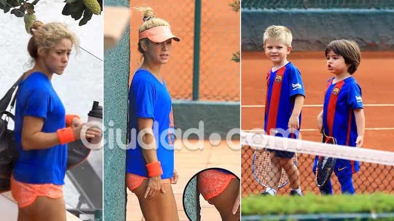 Shakira lució un jugado minishort en una tarde de tenis juntos a sus dos hijos. Foto: Grosby Group.
