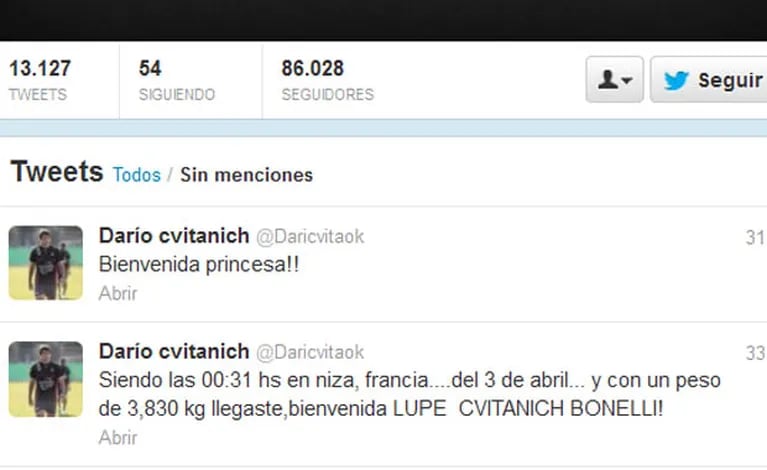 Darío Cvitanich anunció el nacimiento de su hija en Twitter.