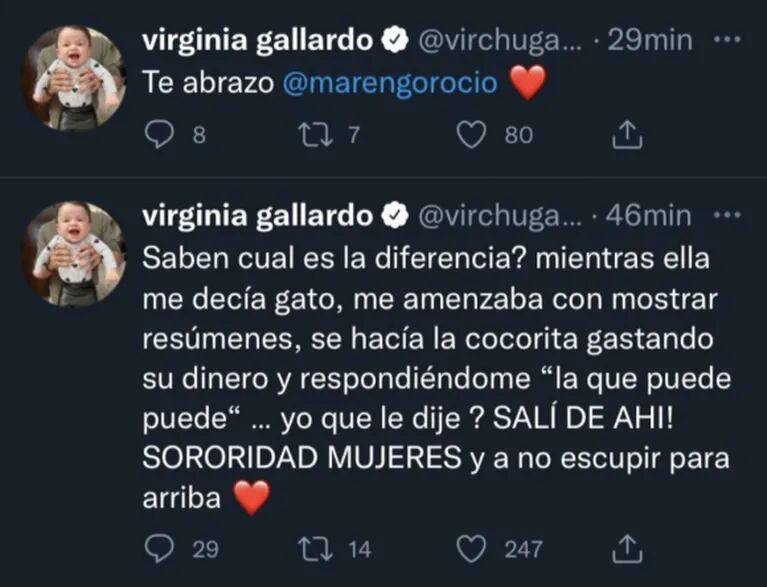 Virginia Gallardo sorprendió al apoyar públicamente a Rocío Marengo con un polémico posteo: "Yo le dije 'salí de ahí'"