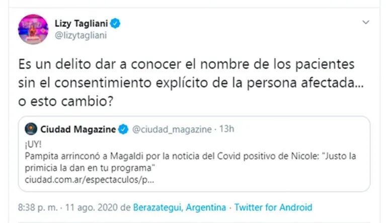 Fuerte mensaje de Lizy Tagliani contra Nicolás Magaldi por contar que la hija de Nicole Neumann tenía coronavirus: "Es un delito"