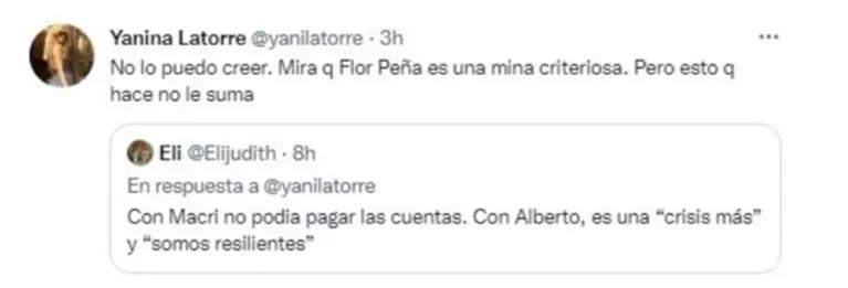 Yanina Latorre criticó con todo a Flor Peña por sus declaraciones sobre la situación del país: "Me enerva"