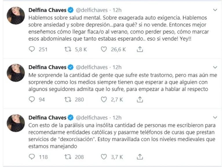 Fuerte crítica de Delfina Chaves a los medios de comunicación luego de confesar que sufre parálisis de sueño