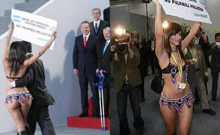 Evangelina Carrozo deleitó a Tony Blair, el ex Primer Ministro britanico, cuando protestó contra las pasteras. (Fotos: Web)