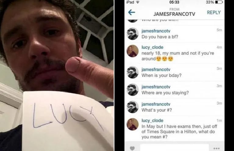 La supuesta selfie y supuesto chat entre James Franco y la adolescente. (Foto: Web)