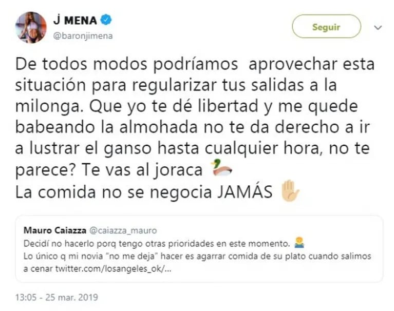 La indignada respuesta de Jimena Barón a la versión de que le prohibió a Mauro Caiazza estar en Bailando 2019