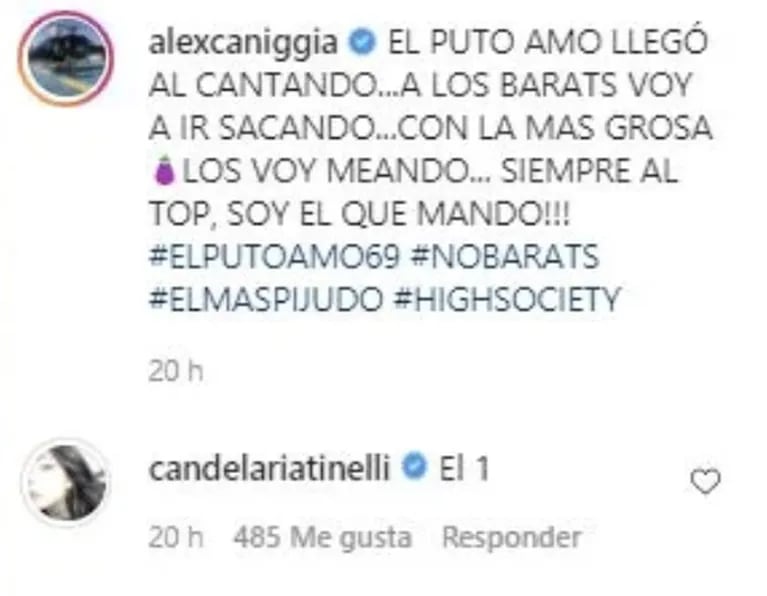Alex Caniggia festejó su debut en el Cantando y Cande Tinelli le demostró públicamente su apoyo: "El Uno"