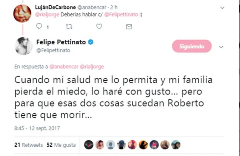 El hijo de Pettinato y una catarata de polémicos tweets contra su padre: “Para que mi familia pierda el miedo, Roberto tiene que morir”
