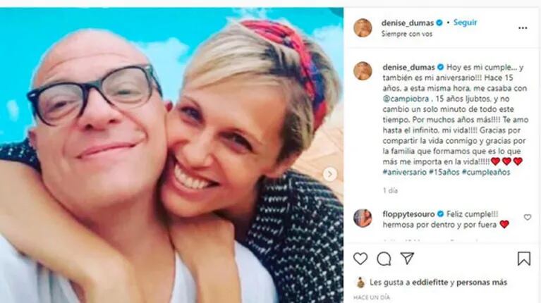 Apasionado posteo de Denise Dumas a Campi por sus 15 años de casados: "Te amo hasta el infinito, mi vida"