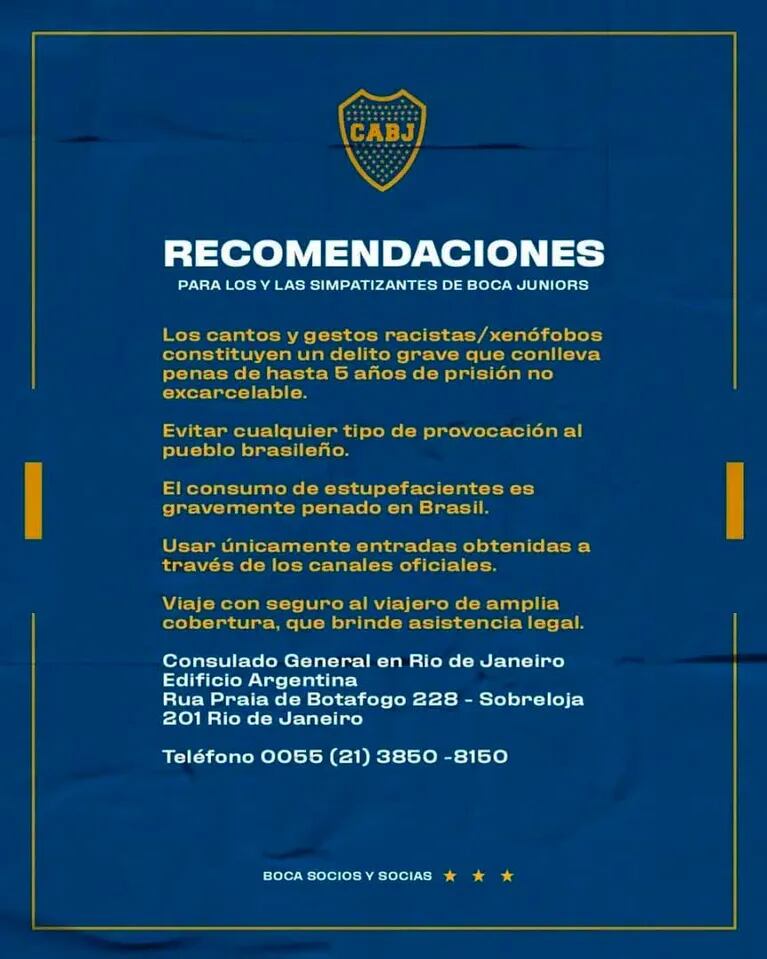 Recomendaciones de Boca Juniors a sus hinchas sobre su comportamiento en Rio de Janeiro