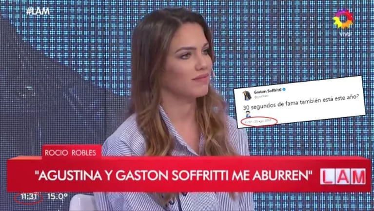 El picante tweet de Gastón Soffritti contra Rocío Robles tras criticar a su novia: "¿30 segundos de fama también está este año?" 