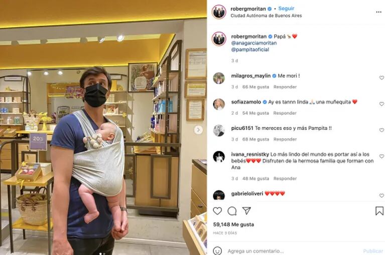 Roberto García Moritán compartió las fotos más tiernas haciendo las compras junto a su beba: "Papá canguro"