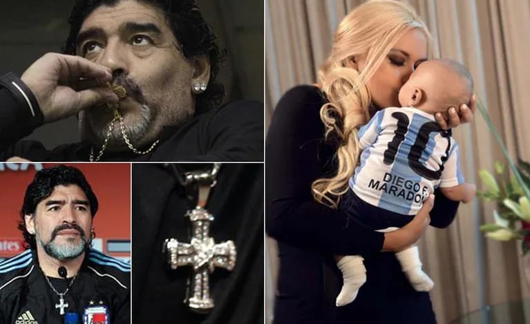 Diego Maradona le regaló una cruz de oro similar a la que usa. Y se la colocó simbólicamente. (Fotos: Web y revista Gente)