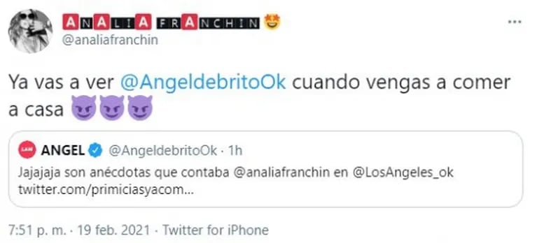 Filosa reacción pública de Analía Franchín, tras que De Brito la tildara de "miserable": "Ya vas a ver cuando vengas a comer a casa"
