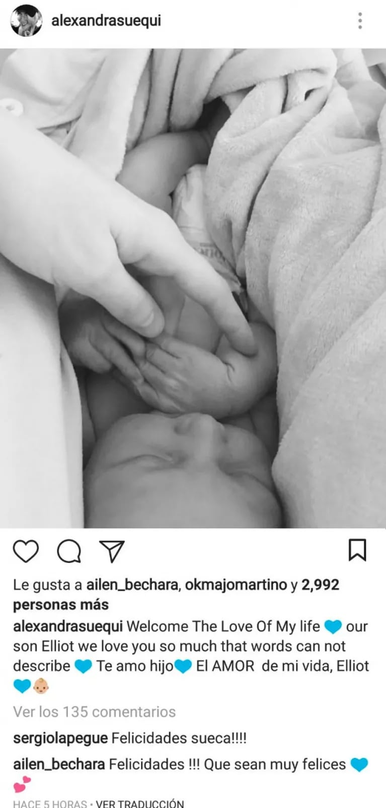 La Sueca Larsson fue mamá y presentó a su bebé con una dulce foto: "Te amamos tanto que las palabras no pueden describirlo" 