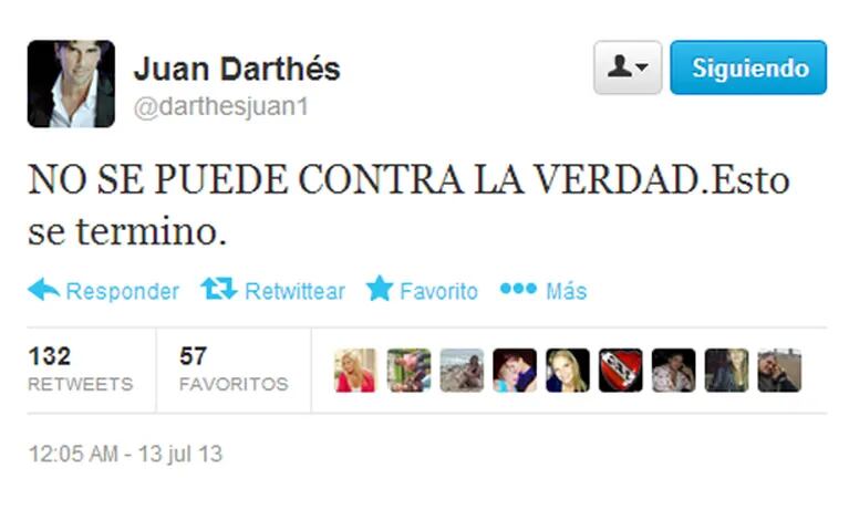 El tweet de Juan Darthés sobre el escándalo con Calu Rivero (Foto: captura de Twitter).