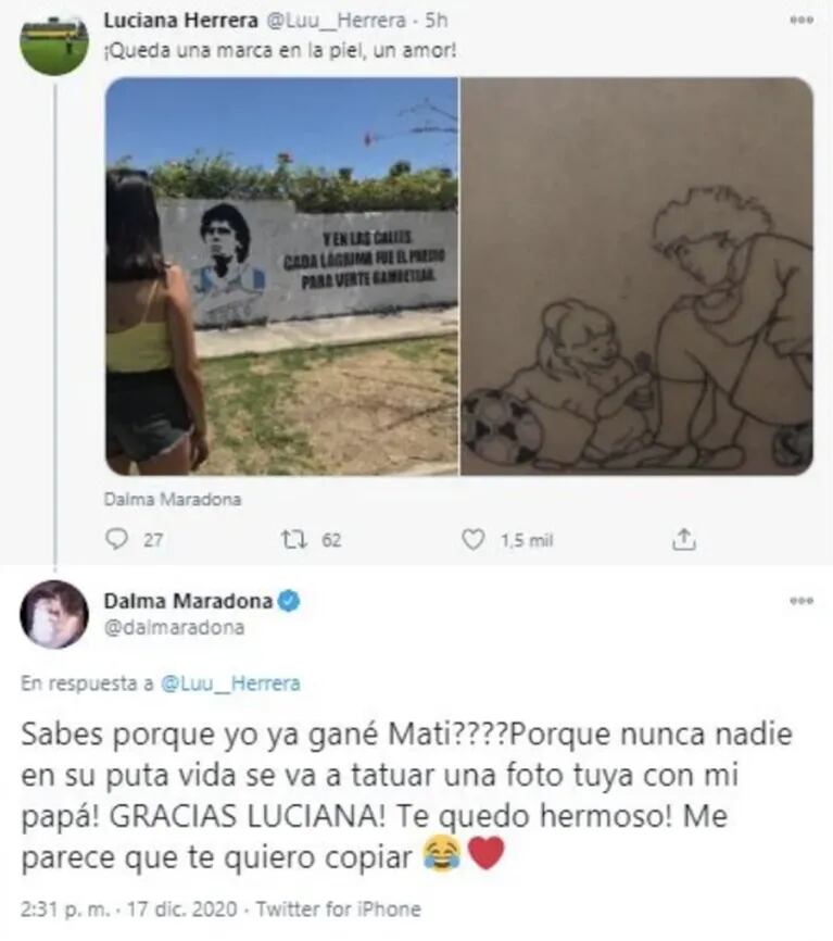 La reacción de Dalma Maradona ante una seguidora que se tatuó una foto suya con Diego: "Te quedó hermoso"