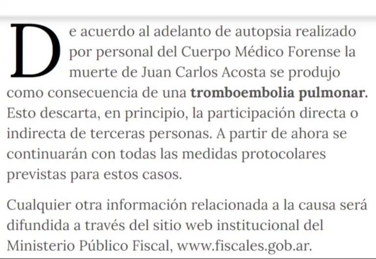 El resultado de la autopsia del bailarín Juan Carlos Acosta: "Murió por una tromboembolia pulmonar"