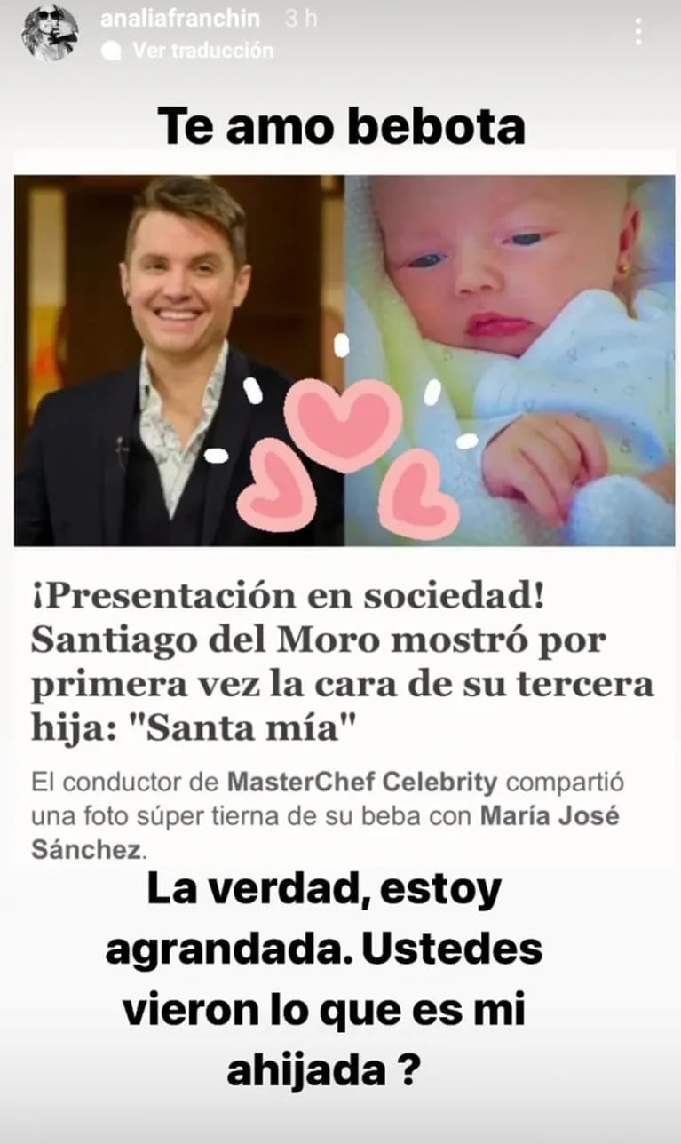 Analía Franchín reaccionó al ver a Santa, la hija de Santiago del Moro: "¿Vieron lo que es mi ahijada?"