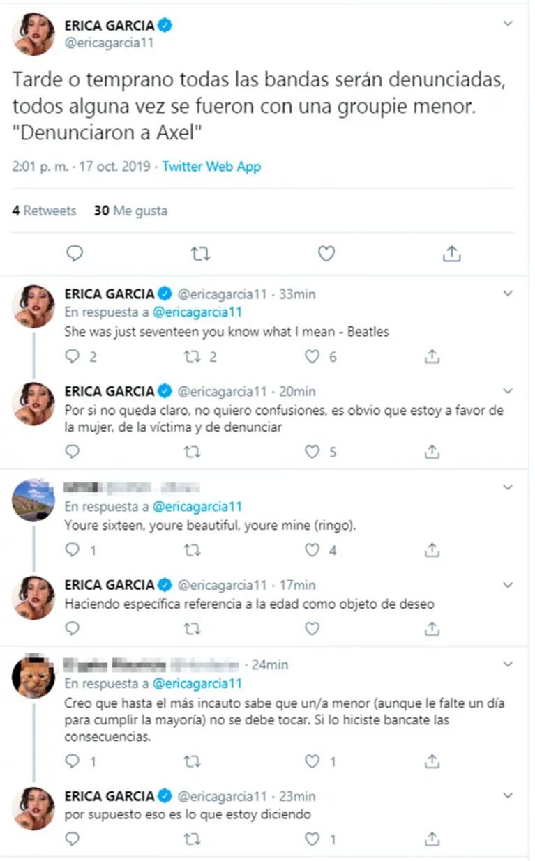 Fuerte tweet de Érica García por la denuncia de abuso sexual contra Axel: "Todos alguna vez se fueron con una groupie menor"