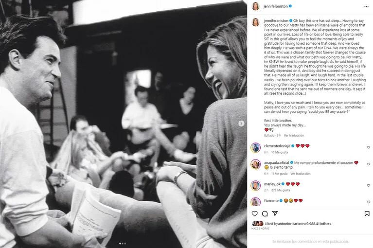 El posteo de Jennifer Aniston sobre Matthew Perry (Foto: Instagram @jenniferaniston)