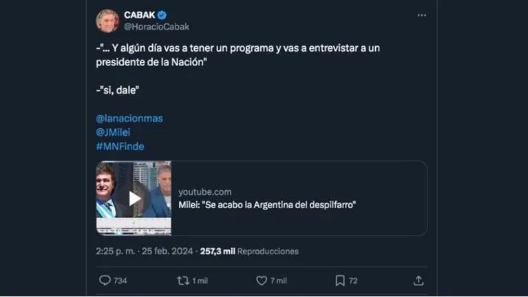 El tweet de Horacio Cabak con el que empezó el cruce con Diego Brancatelli.