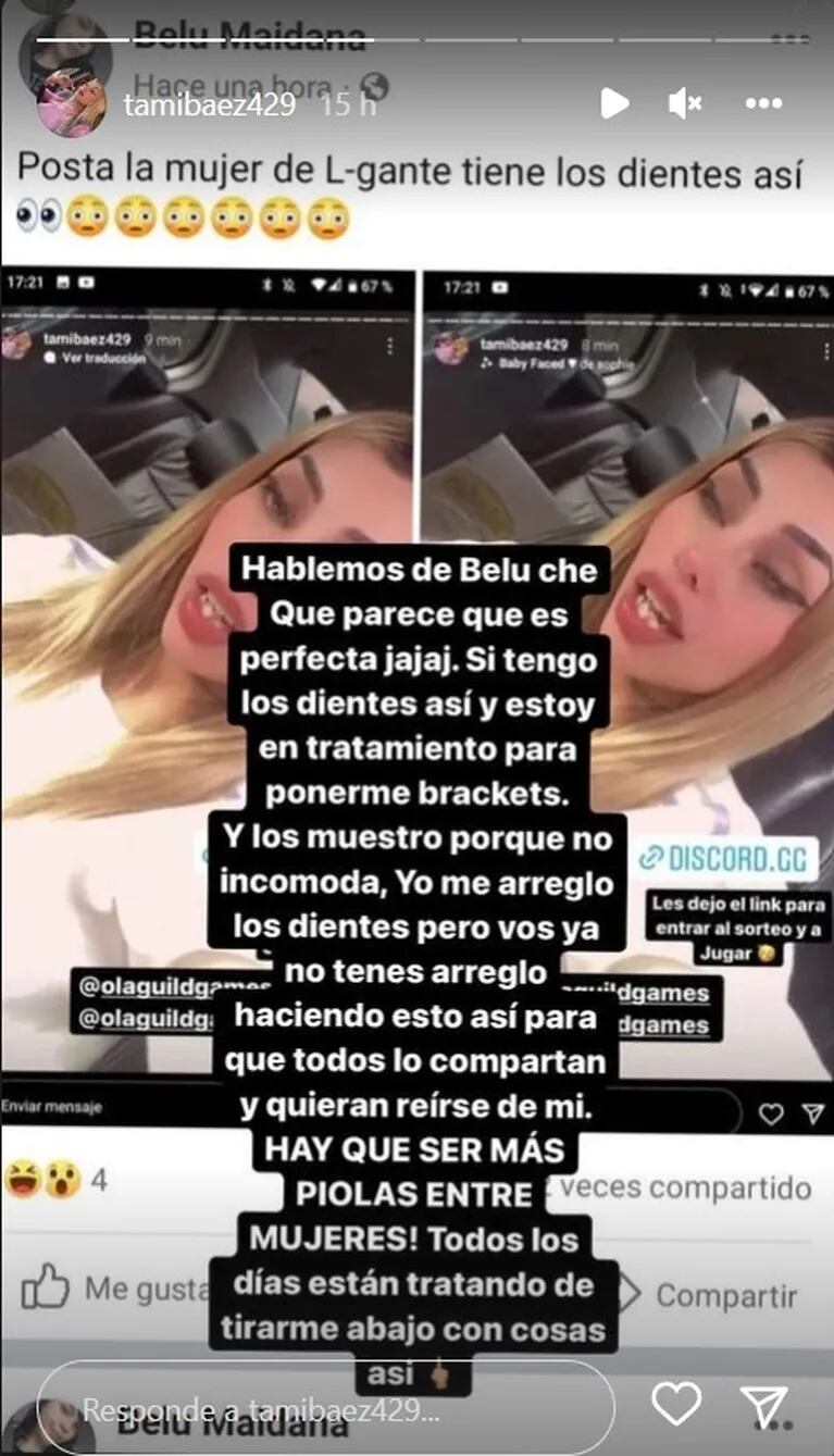 La furia de Tamara Báez con una usuaria que criticó sus dientes: "Yo me los arreglo, pero vos ya no lo tenés"