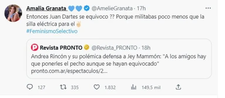 Amalia Granata cruzó a Andrea Rincón tras su defensa a Jey Mammon: "Entonces, ¿Juan Darthés se equivocó?"