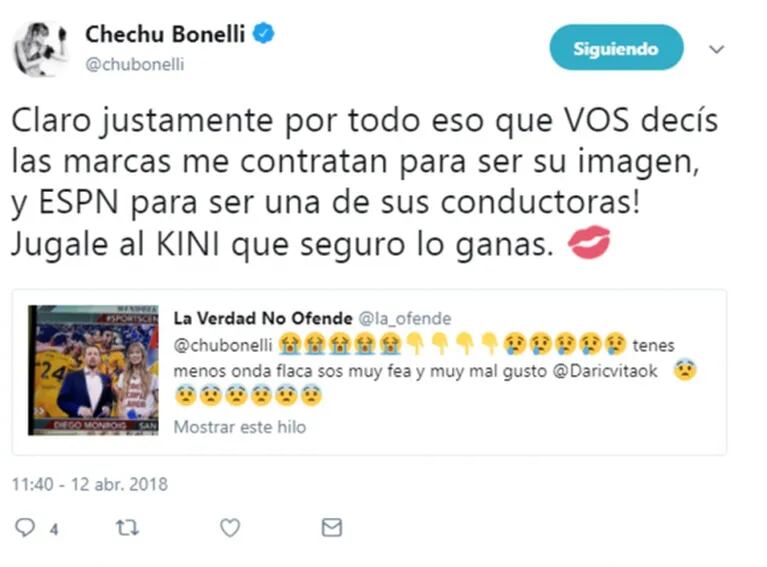 Chechu Bonelli y su filosa reacción a un desagradable mensaje en Twitter